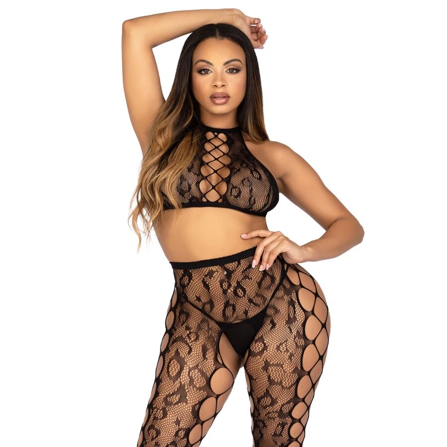 LEG AVENUE - 89372 CROP TOP ET COLLANTS SANS ENTREJAMBE NOIRS - TAILLE UNIQUE