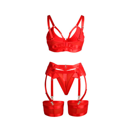 SUBBLIME - 955250 ENSEMBLE SOUTIEN-GORGE BONDAGE ROUGE AVEC JARRETELLES S/M