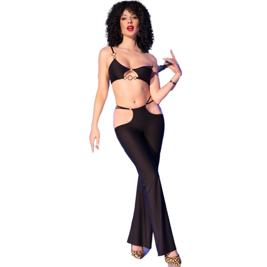 CHILIROSE - CR 4851 ENSEMBLE TOP ET LEGGINGS NOIRS AVEC ACCESSOIRES DORÉS S