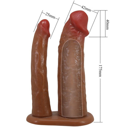 PRETTY LOVE - MANCHON DOUBLE PÉNIS YAIRON AVEC EXTENSION DE 4 CM MULÂTRE
