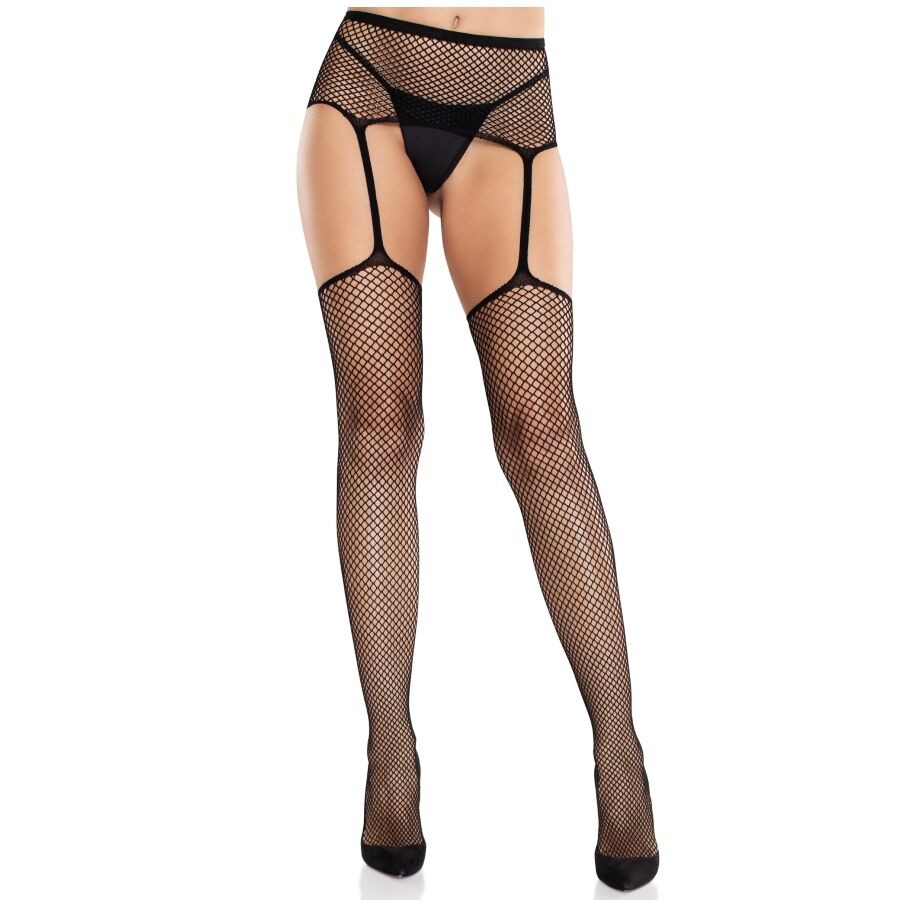 LEG AVENUE - BAS EN DENTELLE AVEC CROIX ET PORTE-JARRETELLES NOIR