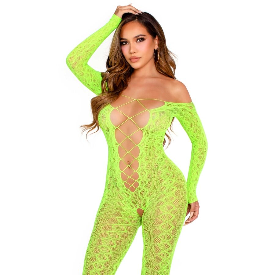 LEG AVENUE - BODYSTOCKING SANS FOURCHE EN DENTELLE SERPENT EXOTIQUE VERT FLUO